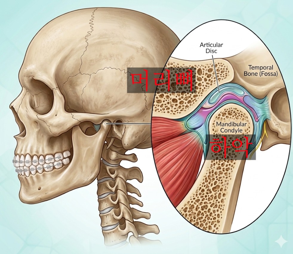 턱관절(TMJ) 구조와 관절 디스크 위치를 보여주는 해부도