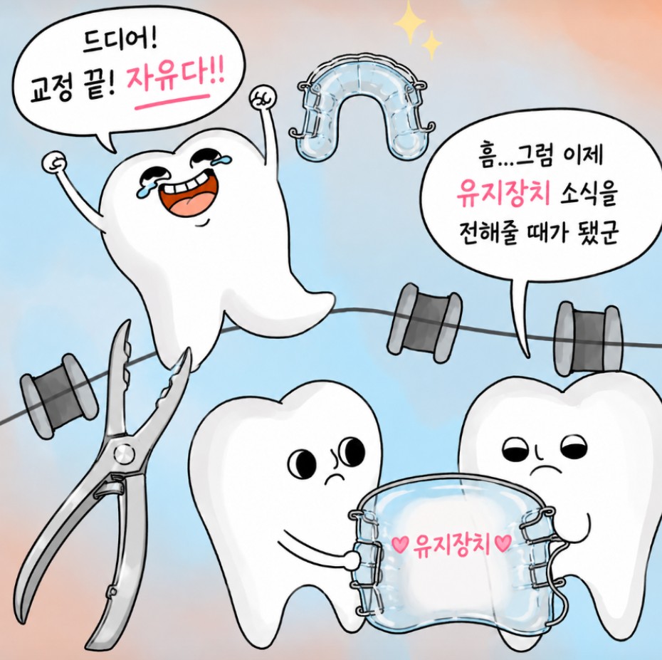 교정이 끝난 치아와 유지장치를 소개하는 캐릭터 일러스트
